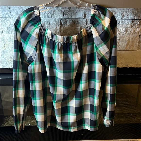 Ann Taylor Navy, Green and White Plaid Square neckline Blouse size MP - Picture 7 of 8